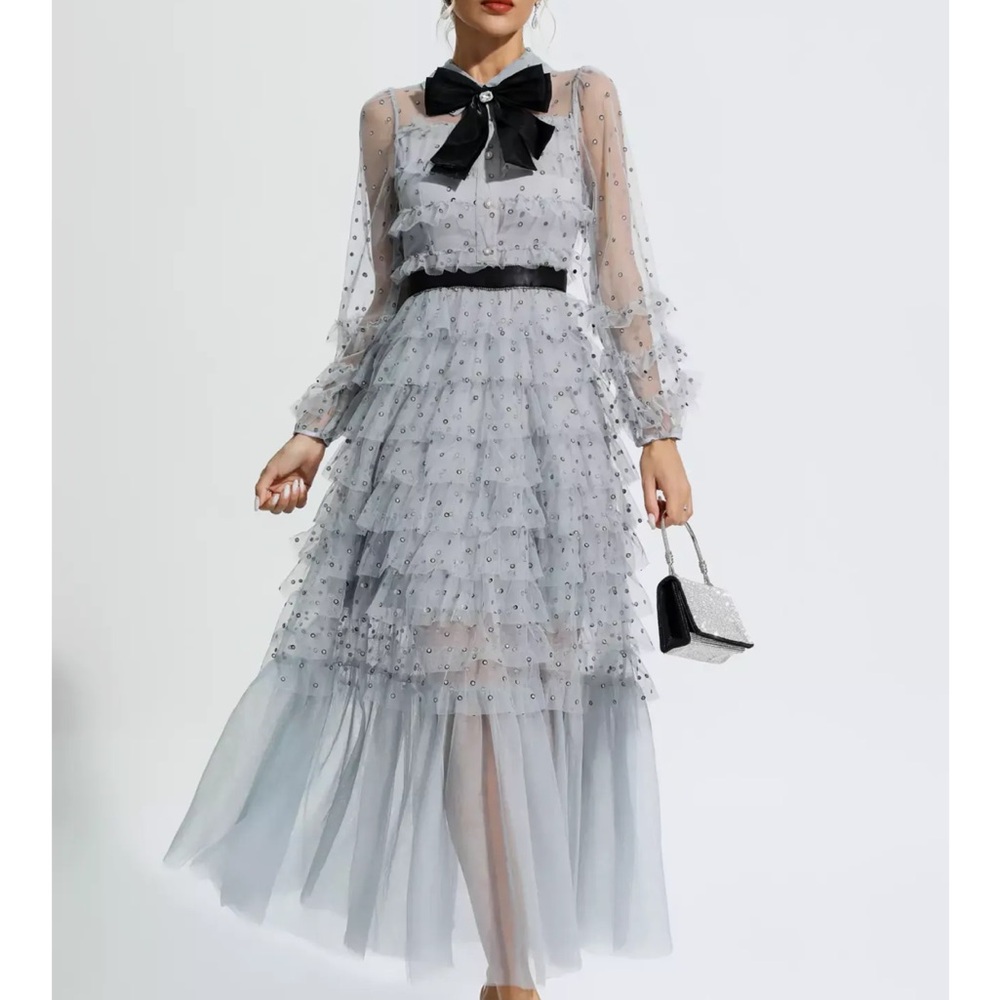 Chic Layered Tulle Dress with Black Bow